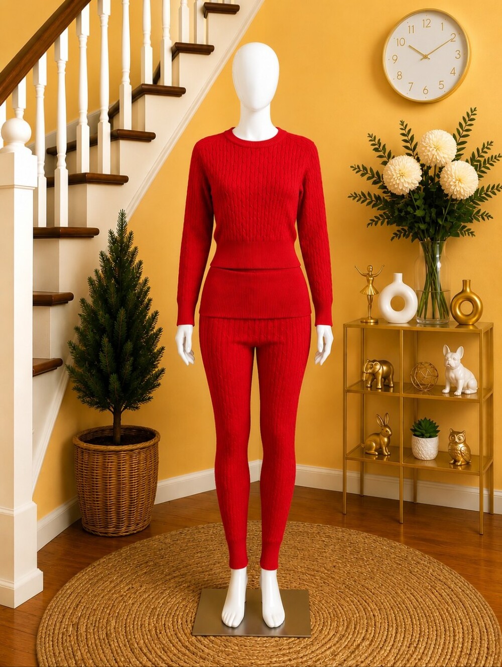 Daisy Red Ribbed Knit Sweater & High-Rise Leggings Set
